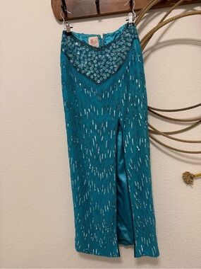 Vintage 90s Y2K Precious Formals Turquoise Beaded Silk Maxi Skirt - M